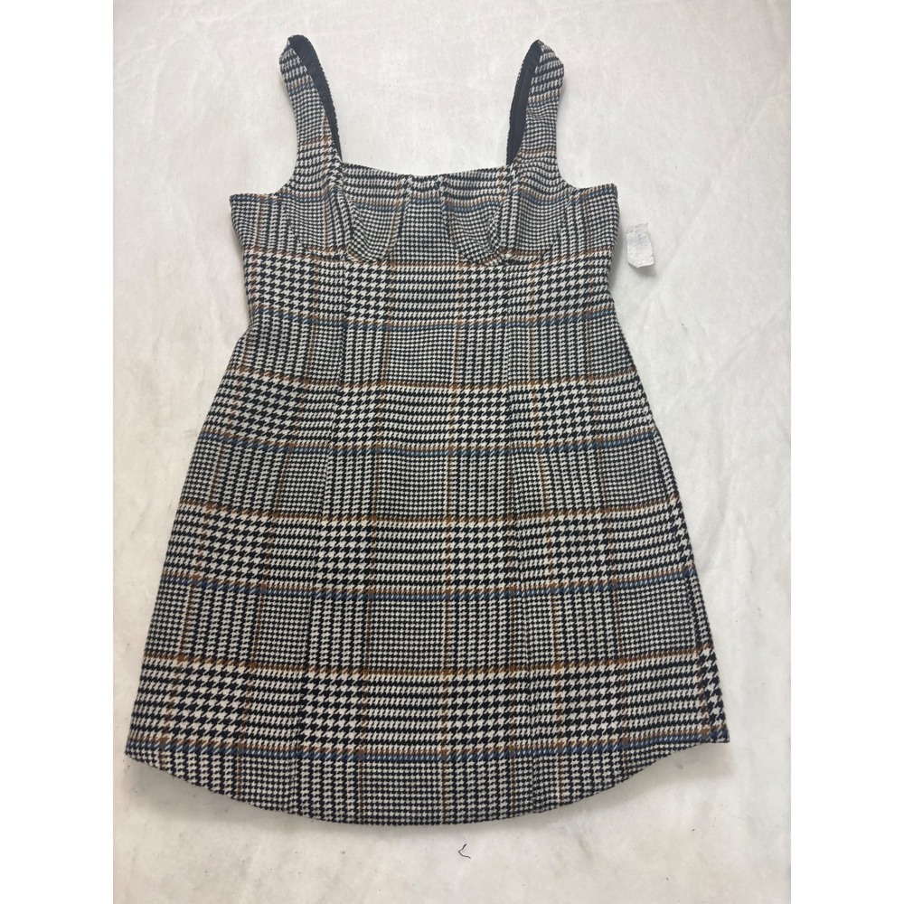 Le Al.x Womens Plaid Houndstooth Mini Dress Square Neck Back Cutout Brown Blue L